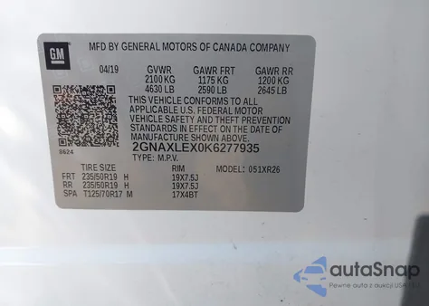 2019 Chevrolet Equinox Lt из США, поврежденный, VIN 2GNAXLEX0K6277935